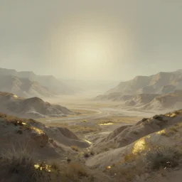 a retrowave style artwork of nevada wilderness, a land of the dead, divine, hazy, volumetric lighting, spacetime bending, very detailed, serene, gold accents, washed out colors, beautiful artwork, master level composition, raytracing