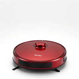 ruby red robot vacuum, commercial catalog photo, isolated on a pure white background, centered, entire object in frame, sharp focus, soft studio lighting