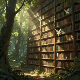 a sunlit library forest, cinematic lighting, concept art, artstation, dappled sunlight, many books and shelves, fantasy, fairies coming out of shelves, photo realistic