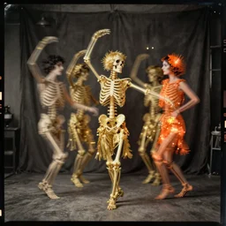 kodak portra 4 0 0, wetplate, motion blur, portrait photo of a backdrop, skelleton dance, golden 1 9 2 0 s, coloured in orange fire, sparkling, by georges melies and by britt marling, muted colours