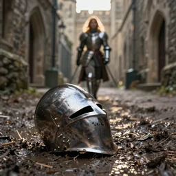 A broken medieval helmet lying in the muddy castle alleyway, knight approaching