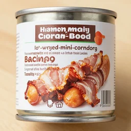 a photo of a real food product. Human Food label. bacon-wrapped canned mini-corndogs
