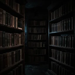 Hard to see dark gloomy shadowy midnight crypt room with bookshelves. Dimly lit nighttime imagery