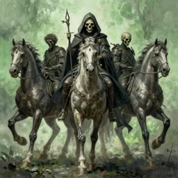 concept art by artgerm, pestilence of the four horsemen of the apocalypse, soft green natural light, intricate, death on horse with hood, highly detailed dark art, digital painting, artstation, concept art, smooth, sharp focus, illustration, art by greg rutkowski and luis rollo and uang guangjian and gil elvgren, symmetry!