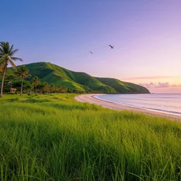 wide angle, high poly, surrealist lights, psychedelic sound, grassy hills background, tropical 🏝 island with a beach, break of dawn, nautical birds in the sky