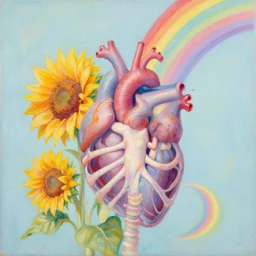 a beautiful acrylic painting by andreas rocha and jeremiah ketner of  sunflowers and rainbows bursting out of a ribcage. pastel color palette, human heart