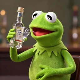 A studio portrait of Kermit the Frog drinking vodka from a bottle, highly detailed, bokeh, 90mm, f/1.4