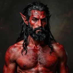 uper body portrait of a male tiefling with red skin and black beard