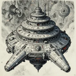 complex alien technology in the form of a large spacecraft, with multiple levels and strange symbols by rodney matthews and howard pyle