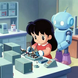 color digital photo of nendroid figures inside a diorama of a laboratory : : a cute female robot designed by osamu tezuka with long hair is repairing computers. she is being helped by an abstract companion robot.