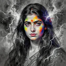 Malala , colorful painting on grey scale face, powerful , magic, thunders, dramatic lighting, intricate, wild, highly detailed, digital painting, artstation, concept art, smooth, sharp focus, illustration, art by artgerm and greg rutkowski and alphonse mucha, footage