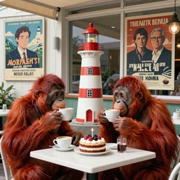 rendering of red orangutan as restaurant visitor drink coffee and eating birthday cake in form of lighthouse, open terrace of restaurant, white table, travel poster artwork by michael whelan and tomer hanuka, high contrast, full of details, by makoto shinkai and thomas kinkade, matte painting, trending on artstation and unreal engine