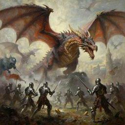 oil painting mordor with dragons flying and knights fighting,