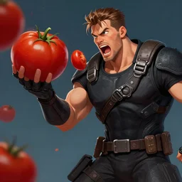 Marcus Fenix from Gears of War shouting at tomatoes, digital art, trending on artstation