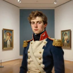 museum painting, wide - shot, photo of young yves saint - laurent in the age of 2 1, light brown hair, dressed in 1 8 th war uniform of france, sharp focus, highly detailed, digital art, oil painting, masterpiece, artgerm, rutkowski, mucha, kinkade
