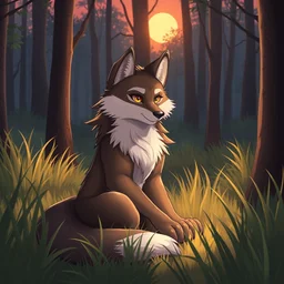 anthropomorphic wolf fursona sitting in between the grass in forest lit by the sunset, furry art, trending on artstation, digital art, kawacy, trending on furaffinity