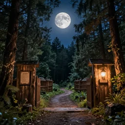 near the forest entrance and by the woods, midnight light by a full moon, lots of details, landscapes of fantasy, wooden barriers in background, path to the forest, a place for an adventurer, night lighting, shining stars, cosy, silence and calm