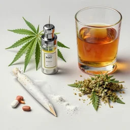 still life with drugs, cocaine, marihuana and whiskey, airbrush, by masato saito, trending on artstation, high detail, 4 k