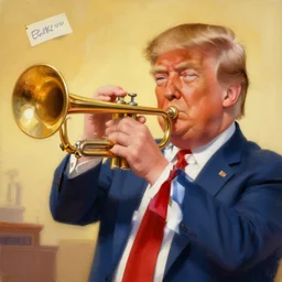 painting portrait of trump as a trumpet, cartoon, warm lighting, trump has an trumpet, movie poster, illustration by bartek fedyczak, erak note, tooth wu, neil richards, kan liu, siwoo kim, jisu choe, trending on art station