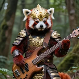 photo of a humanoid red panda dressed in armor with a golden helmet, which plays the bass guitar in the forest