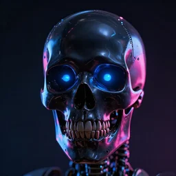 portrait of a glossy black robot skull head, blue and pink highlights, glowing eyes, digital art, artstation