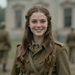 teenage female ww 2 soldier, long hair, dress, smiling, digital portrait by greg rutkowski, intricate, soft focus, highly detailed, cinematic, epic, artstation