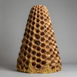 physical honeycomb pattern wooden sculpture 10 feet tall golden inset ornate detail free standing installation