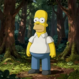 Photorealistic homer Simpson in the woods creepy