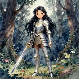 highly detailed watercolor, magical fairy princess girl, sword, fantasy ornate armor, long black hair, midnight forest, nostalgia for a fairytale, magic realism, vivid colors, by charles vess, anato finnstark, cinematic lighting, beautiful face by leyendecker