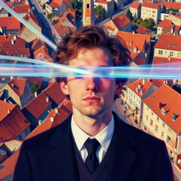 post - minimalism glitched portrait of the man of town, top down view, the magic eclipsing, iridescent tubes, vibrant color scheme, highly detailed, in the style of romanticism, cinematic, artstation, moebius, greg rutkowski
