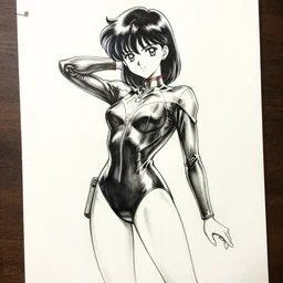 beautiful aesthetic inspirational masterful professional ink pen liner sketch of a 1 9 9 0 s anime manga japanese girl posing in latex leotard, marvel style, concept art, fine details, trending on artstation, high quality paper, instagram photo. boris vallejo style, art university academy work, gnomon, calarts