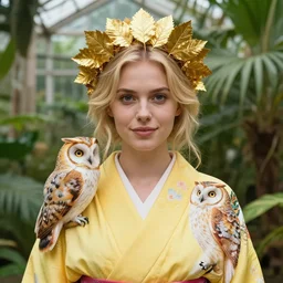 symmetry!! portrait photograph of an extremely beautiful!!!! young blonde female. shallow focus!!!. symmetric face!. round detailed eyes!!, slight smile. natural light. wearing a yellow!!!!!! kimono!! with a very detailed barn owl! on her shoulder in a tropical greenhouse. looking at the camera!!. golden crown!! made of golden leaves on her head. super resolution. art by alesio albi and alphonse mucha and ilya kuvshinov
