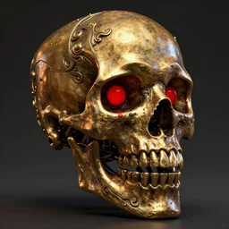 a big 3D sculpting mechanical skull, very ornamented, bronze and golden colors, metallic,the jaw showing the teeth , red eyes,contrasting on a dark background, darkart, hyperdetailed, hyperealistic, digital sculpting, octane render,cinema 4D, 8k, Comago and Billelis style,beautiful