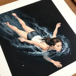 loish, screen print, portrait a young woman swimming in space, ( ( karolis strautniekas ) ), christopher balaskas, victo ngai, detailed, dynamic pose, shaded, matte print, editorial illustration