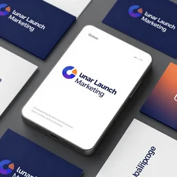 extremely high quality photorealistic mock ups of company branding, for a marketing consultancy called lunar launch marketing. dribble shot, graphic design, modern style