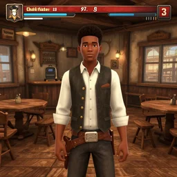 screenshot of gameplay dating simulator game set in 1 8 6 7, interior of old west saloon, featuring african american and japanese cowboys and cowgirls in ghost town with buildings painted bright pastel colors, morning light with mountains in the background