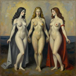the three fates, pain, pleasure, suffering, adventure, love, abstract oil painting by MC Escher and Salvador Dali and raqib shaw,-W 1024