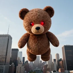 a giant evil teddy bear with glowing red eyes hovering over new york city