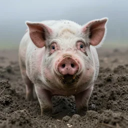photograph of the world's fattest pig emerging from a pit of thick grey mud, big teeth, big evil watery eyes, human hands, menacing, foggy atmosphere, directed by mario bava