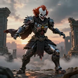 portrait of a diabolical cyborg clown samurai, torn cape, adaptive armor, dynamic pose, heavy eyes to the side, ancient ruins, glowing veins subsurface scattering, in clouds, sunset, portrait, by gerald brom, by mikhail vrubel, by peter elson, muted colors, extreme detail, reflections, trending on artstation, 8 k