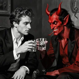 A handsome Frenchman and the devil toasting over a whiskey, film noir style, black and white and red colors, establishing shot, highly detailed, digital painting, artstation, concept art, smooth, sharp focus, illustration, Unreal Engine 5, 8K, art by artgerm and greg rutkowski and alphonse mucha