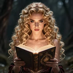Adriana Chechik, as a pretty witch with blonde curly hair, holding a glowing spell book with runes in the cover , dark fantasy, symmetrical face two identical symmetrical eyes,feminine figure, smooth skin,gorgeous, pretty face, beautiful body, revealing outfit, high detail, realistic, cgsociety, artgerm, trending on artstation