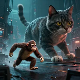 a 🐭 fleeing & a huge cat 🐱, by mark ryden in cyberpunk environment, 4 k ultra high resolution, horror, long camera shot