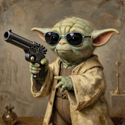 a 1500s painting of yoda wearing shades holding a giant pistol
