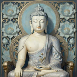 breathtaking detailed concept art painting art deco pattern a beautiful buddha with pale skin on sitted on an intricate metal throne light - blue flowers with kind piercing eyes and blend of flowers and birds, by hsiao - ron cheng and john james audubon, bizarre compositions, exquisite detail, extremely moody lighting, 8 k h 1 0 2 4