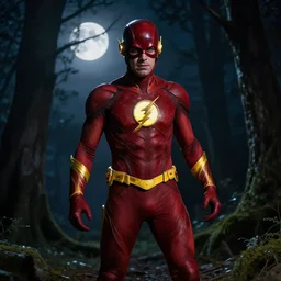 terrifying ezra miller as flash forest scenery, full moon, illuminated lighting, highly detailed, 4 k