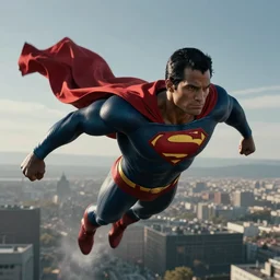 photorealistic black superman flying. super dialed. super muscled