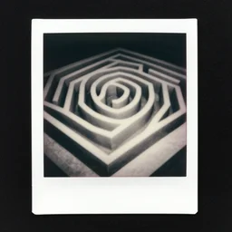a black and white photograph of a labyrinth in the shape of the lorenz attractor, film photography, polaroid photo, surreal, soft lighting