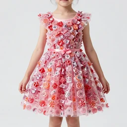 high quality, award winning photo of a girl in a dress made out of candy wrappers