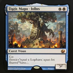 magic the gathering card - a giant stone - oak beast standing in front of a medieval town - town is on fire
